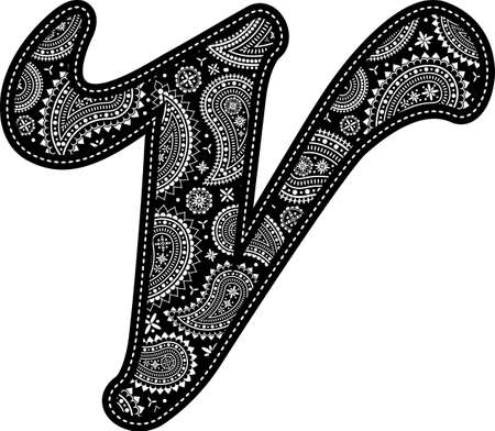 capital letter V with paisley pattern design. Embroidery style in black color. Isolated on whiteのイラスト素材