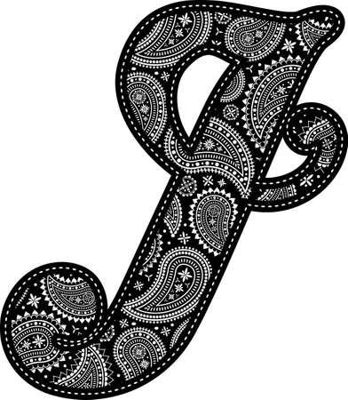 capital letter J with paisley pattern design. Embroidery style in black color. Isolated on whiteのイラスト素材