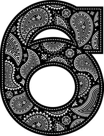 number 6 with paisley pattern design. Embroidery style in black color. Isolated on whiteのイラスト素材