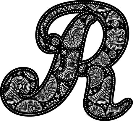 capital letter R with paisley pattern design. Embroidery style in black color. Isolated on whiteのイラスト素材