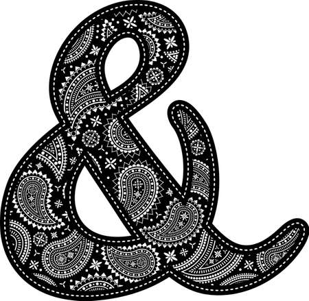 ampersand symbol with paisley pattern design. Embroidery style in black color. Isolated on whiteのイラスト素材