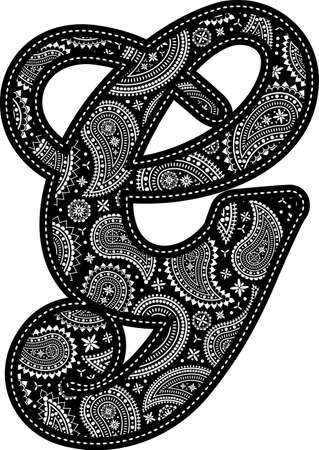 capital letter G with paisley pattern design. Embroidery style in black color. Isolated on whiteのイラスト素材