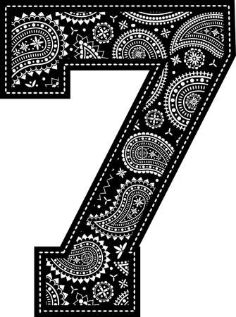number 7 with paisley pattern design. Embroidery style in black color. Isolated on whiteのイラスト素材