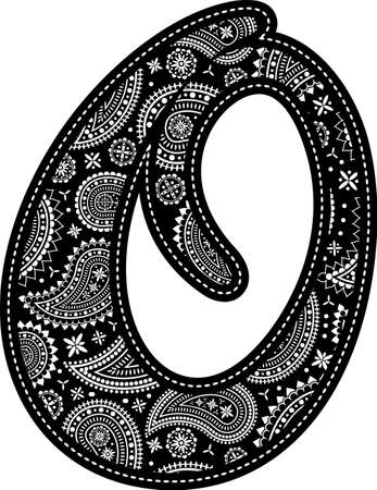 capital letter O with paisley pattern design. Embroidery style in black color. Isolated on whiteのイラスト素材