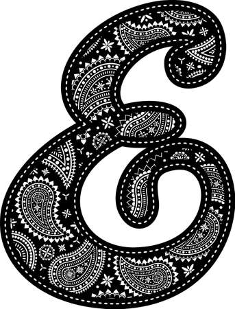capital letter E with paisley pattern design. Embroidery style in black color. Isolated on whiteのイラスト素材