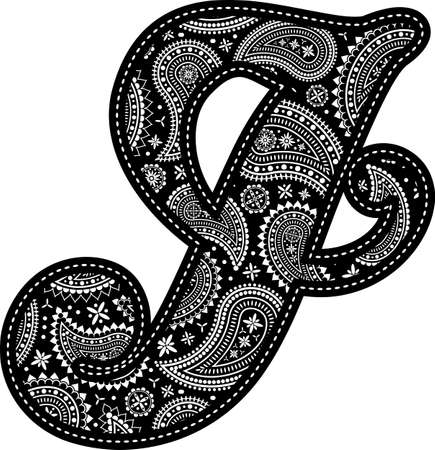 capital letter I with paisley pattern design. Embroidery style in black color. Isolated on whiteのイラスト素材