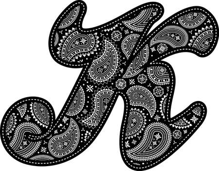 capital letter K with paisley pattern design. Embroidery style in black color. Isolated on whiteのイラスト素材