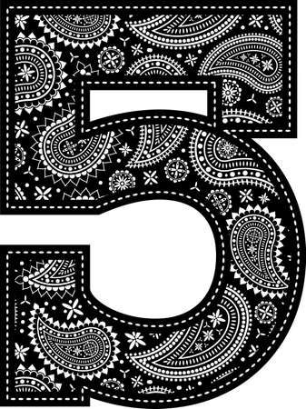 number 5 with paisley pattern design. Embroidery style in black color. Isolated on whiteのイラスト素材