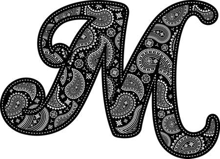 capital letter M with paisley pattern design. Embroidery style in black color. Isolated on whiteのイラスト素材