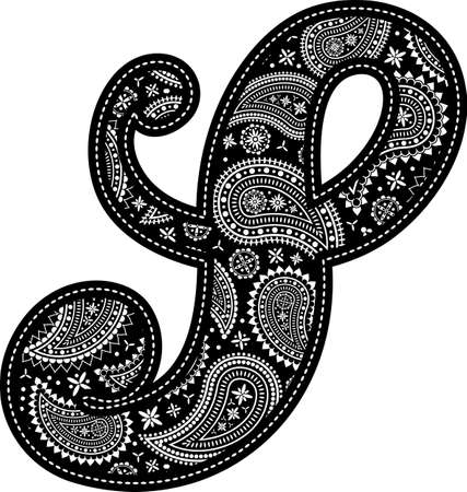 capital letter S with paisley pattern design. Embroidery style in black color. Isolated on whiteのイラスト素材