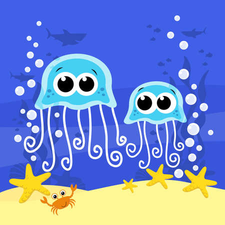 cute baby jellyfish cartoon illustration with bubbles and under the sea background. Design for baby and childのイラスト素材
