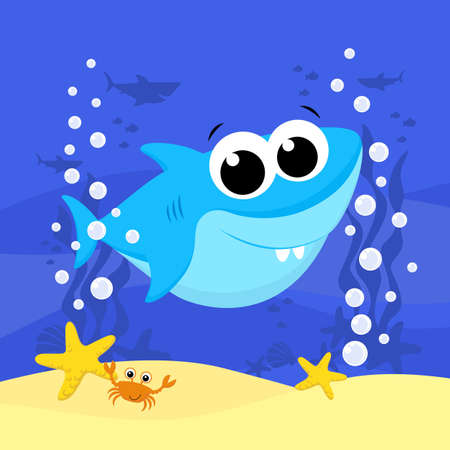cute baby shark cartoon illustration with bubbles and under the sea background. Design for baby and childのイラスト素材