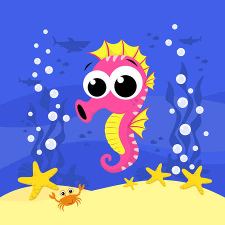 cute baby seahorse cartoon illustration with bubbles and under the sea background. Design for baby and childのイラスト素材