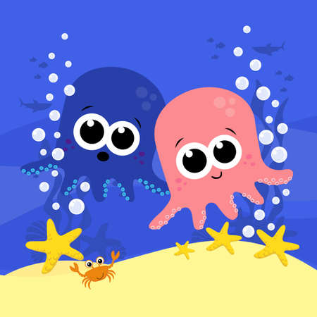 cute baby octopus cartoon illustration with bubbles and under the sea background. Design for baby and childのイラスト素材