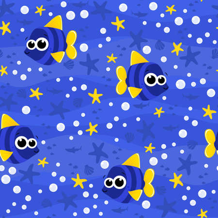 seamless pattern with cute baby blue fish. Cartoon illustration with bubbles and under the sea background. Design for baby and child. Can be tiledのイラスト素材
