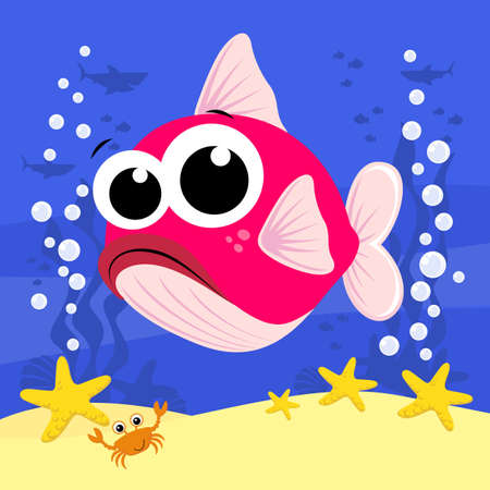 cute baby fish cartoon illustration with bubbles and under the sea background. Design for baby and childのイラスト素材