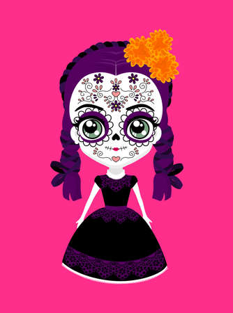 cute mexican catrina doll with traditional sugar skull make up for dia de muertos celebration and cempasuchil flowers (aztec marigold). isolated on pink backgroundのイラスト素材
