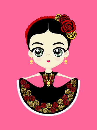 illustration of cute mexican doll in traditional national dress from Oaxaca, Mexico. Isolated on pink backgroundのイラスト素材