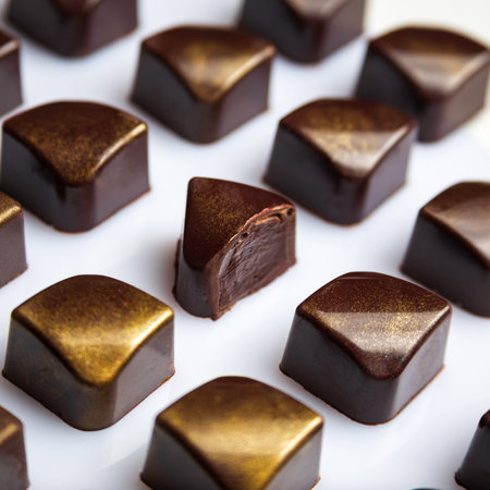 Cut luxury chocolate handmade candy bonbons with ganache decorated with golden edible glitter on white background. Exclusive handcrafted bonbonの写真素材