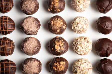 variety of handmade gourmet chocolate truffle candy on a white plateの写真素材