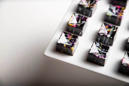 luxury chocolate handmade candy bonbons with ganache decorated with colorful abstract art on white background. Exclusive handcrafted bonbonの写真素材
