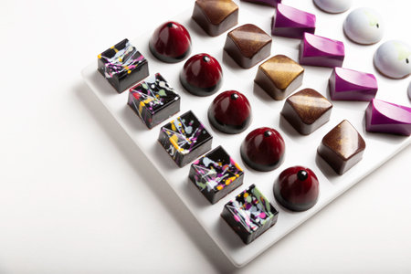 variety of luxury chocolate handmade candy bonbons with ganache on white background. Exclusive handcrafted bonbonの写真素材