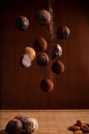 hand made chocolate truffles candies falling on wooden tableの写真素材