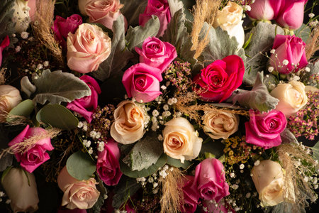 variety of roses bouquet and foliage backgroundの写真素材