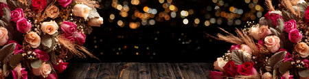 bouquet of roses panoramic banner frame design with copy space on rustic wooden table and bokeh backgroundの写真素材