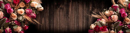 bouquet of roses panoramic banner frame design with copy space on rustic wooden backgroundの写真素材