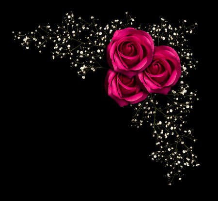 floral corner ornament with pink roses and branch with little white flowers. Isolated on black backgroundの写真素材