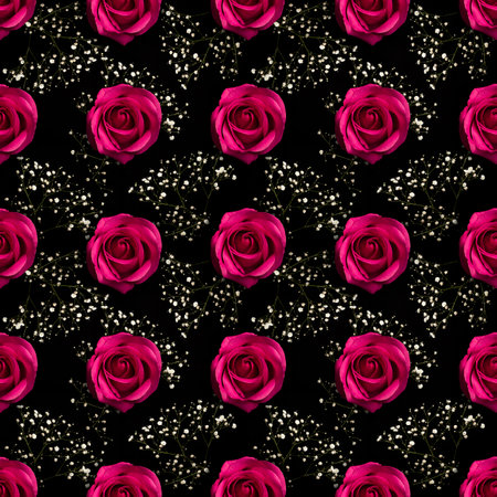 pink roses on black background with branch and little white flowers seamless pattern design. Can be tiledの写真素材