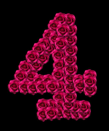 love concept image of number 4 made of pink roses isolated on black background. Design element for love themesの写真素材