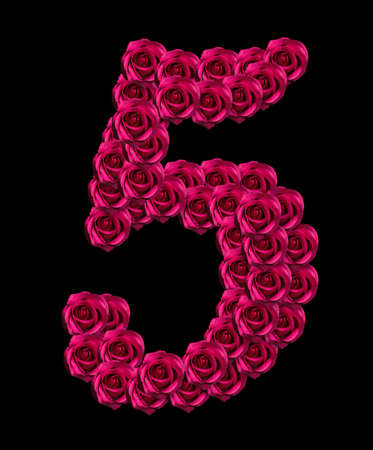 love concept image of number 5 made of pink roses isolated on black background. Design element for love themesの写真素材