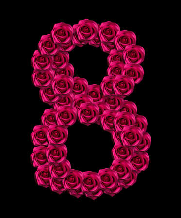 love concept image of number 8 made of pink roses isolated on black background. Design element for love themesの写真素材