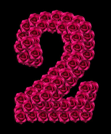 love concept image of number 2 made of pink roses isolated on black background. Design element for love concepts designsの写真素材