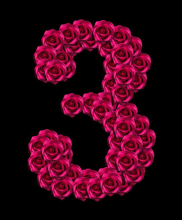 love concept image of number 3 made of pink roses isolated on black background. Design element for love concepts designsの写真素材