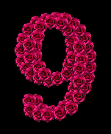 love concept image of number 9 made of pink roses isolated on black background. Design element for love themesの写真素材