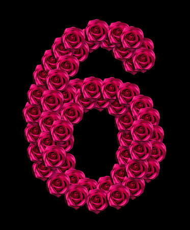 love concept image of number 6 made of pink roses isolated on black background. Design element for love themesの写真素材