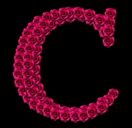 romantic concept image of a capital letter C made of red roses. Isolated on black background. Design element for love or valentines themesの写真素材