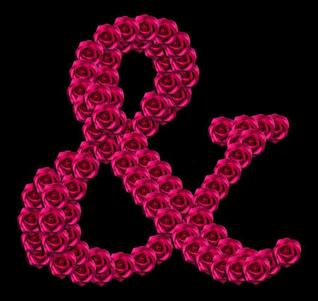 romantic concept image of ampersand symbol made of red roses. Isolated on black background. Design element for love or valentines themesの写真素材