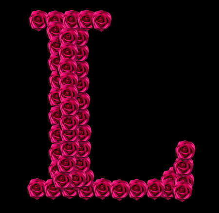 romantic concept image of a capital letter L made of red roses. Isolated on black background. Design element for love or valentines themesの写真素材