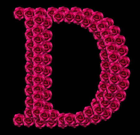 romantic concept image of a capital letter D made of red roses. Isolated on black background. Design element for love or valentines themesの写真素材