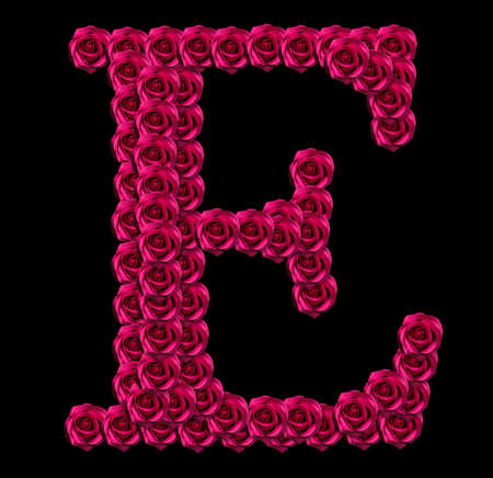 romantic concept image of a capital letter E made of red roses. Isolated on black background. Design element for love or valentines themesの写真素材