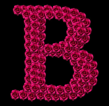 romantic concept image of a capital letter B made of red roses. Isolated on black background. Design element for love or valentines themesの写真素材