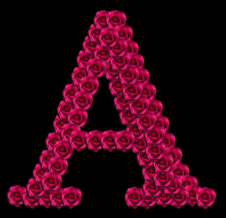 romantic concept image of a capital letter A made of red roses. Isolated on black background. Design element for love or valentines themesの写真素材