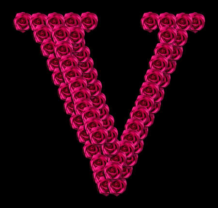 romantic concept image of a capital letter V made of red roses. Isolated on black background. Design element for love or valentines themesの写真素材