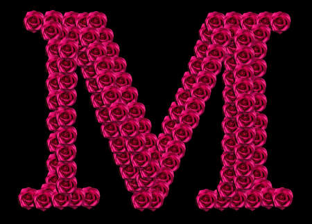 romantic concept image of a capital letter M made of red roses. Isolated on black background. Design element for love or valentines themesの写真素材