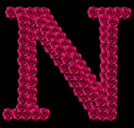 romantic concept image of a capital letter N made of red roses. Isolated on black background. Design element for love or valentines themesの写真素材