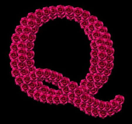 romantic concept image of a capital letter Q made of red roses. Isolated on black background. Design element for love or valentines themesの写真素材